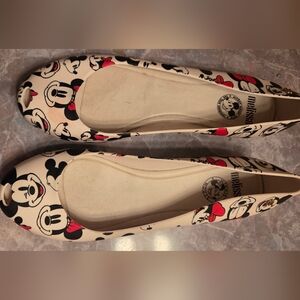 Melissa Cream Mickey Mouse Print Ballet Flats with Black and Red Accents